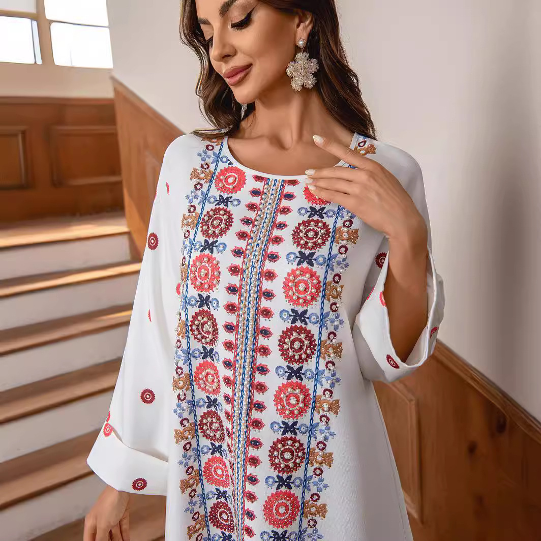 ZD028 Cross-border Middle Eastern Foreign Trade Muslim Ethnic Long Dress With Printed Gold Foil And Beading Elegant_ecoleips.com
