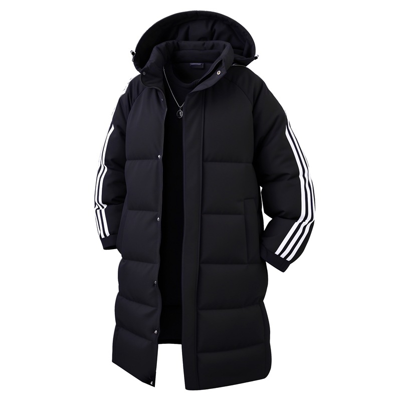 Fleece-lined, three-stripe cotton coat, long over-the-knee style, men's business casual, with detachable hood, warm cotton jacket, wholesale and retail