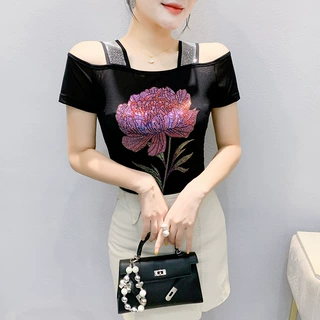 欧洲2025夏季新款重工镶钻双层冰丝网纱短袖时尚露肩美背小衫女潮