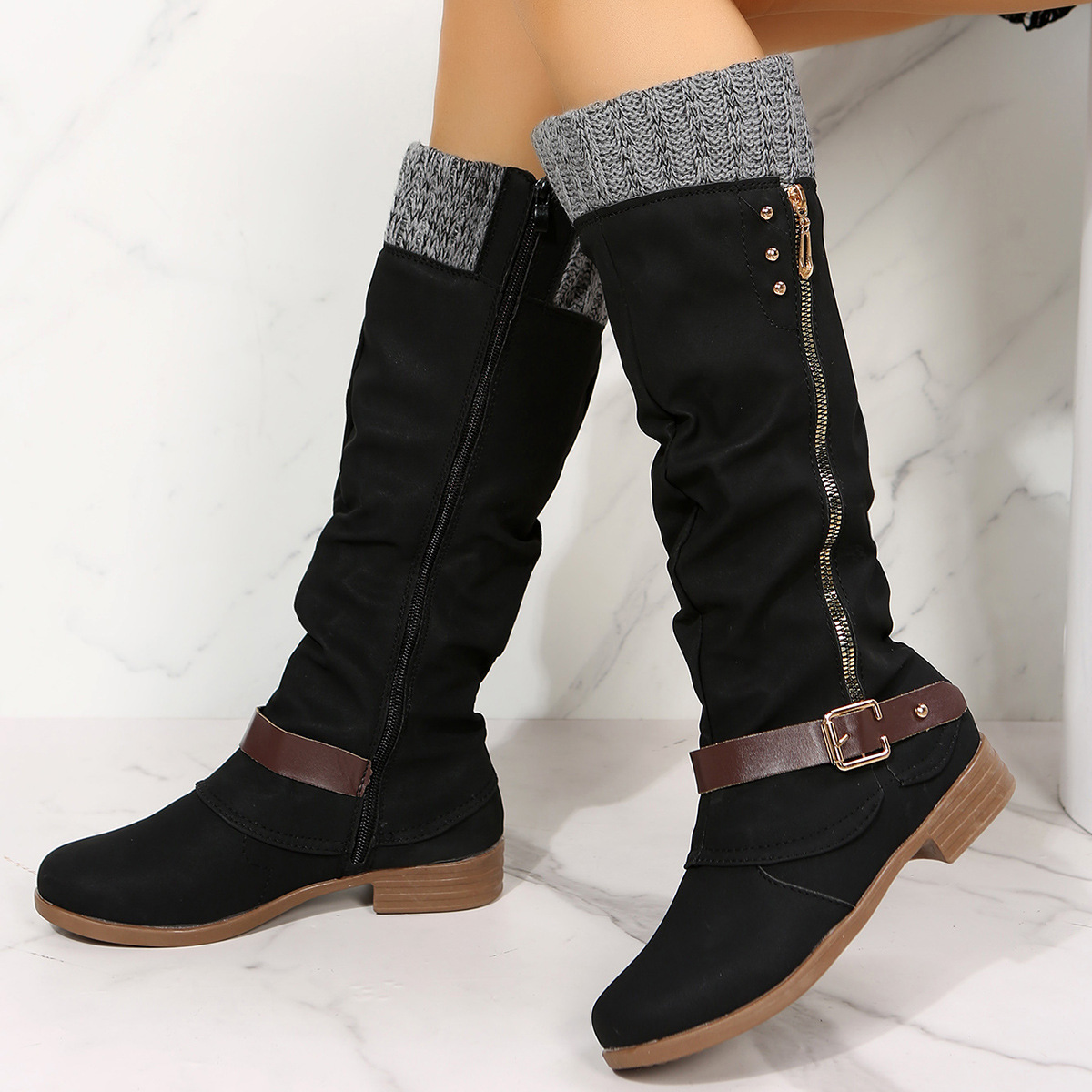 New chunky heel side zip stitching boots for women_voghion.com