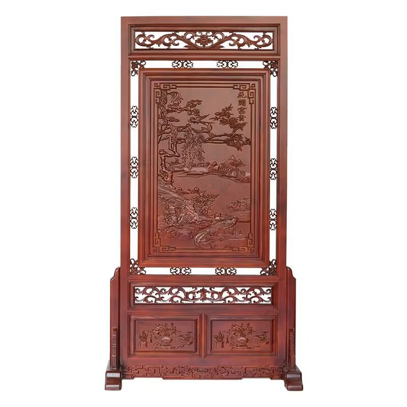Dongyang Wood Carving Floor-Standing Screen Partition Camphor Wood Screen Ornaments Carved Solid Wood Mobile Finely Carved Picture Entrance Screen