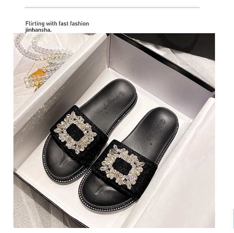 2025 verano nuevo lazo con diamantes de imitación hebilla cuadrada plana casual zapatillas de mujer sandalias de una tira para mujer ropa de exterior talla grande 41_voghion.com