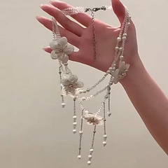 跨境新款重工刺绣花朵流苏项链时尚甜美高级感多层珍珠锁骨链轻奢
