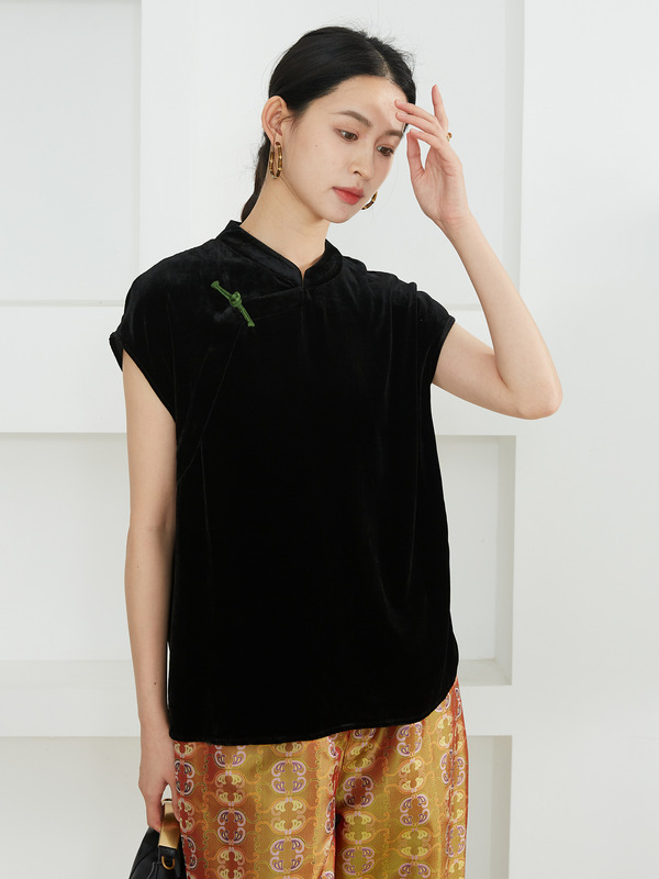 高定 撞色盘扣丝绒斜门襟真丝短袖上衣女桑蚕丝新中式小衫国风秋|undefined