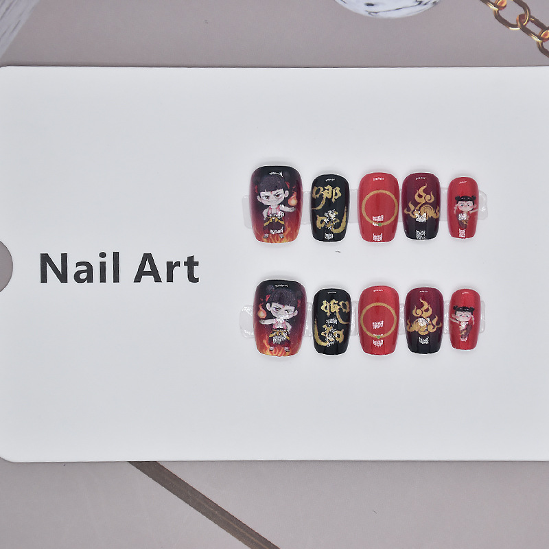 Caricatura rojo explosivo Nezha nuevos productos para usar uñas cortas productos terminados al por mayor estudiantes ojos de gato manicura infantil