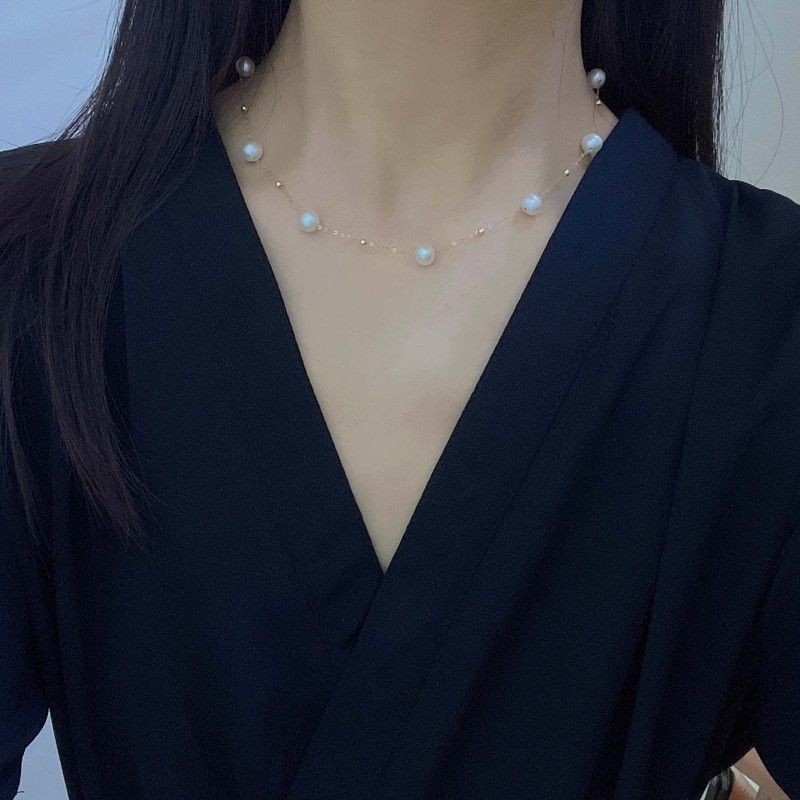 売れ筋 18K ゴールド AU750 ベビーブレス 天然淡水本真珠ネックレス ほぼラウンド鎖骨チェーンネックレス|undefined