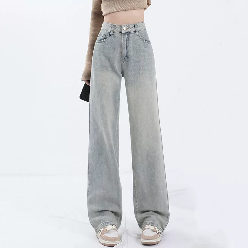 浅蓝色水洗高腰牛仔裤女春夏季复古宽松直筒阔腿垂坠拖地长裤子潮