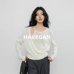 与间HAVEGAN/天丝亚麻针织衫女秋季2025新款解构设计长袖宽松上衣