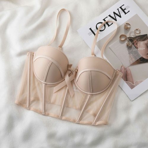 Foreign trade girl sexy lace mesh side push-up bra set soft steel ring fishbone corset underwear female bra