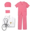 Fuchsia white coat, set, stethoscope, with embroidery, V-neckline, 4 piece set