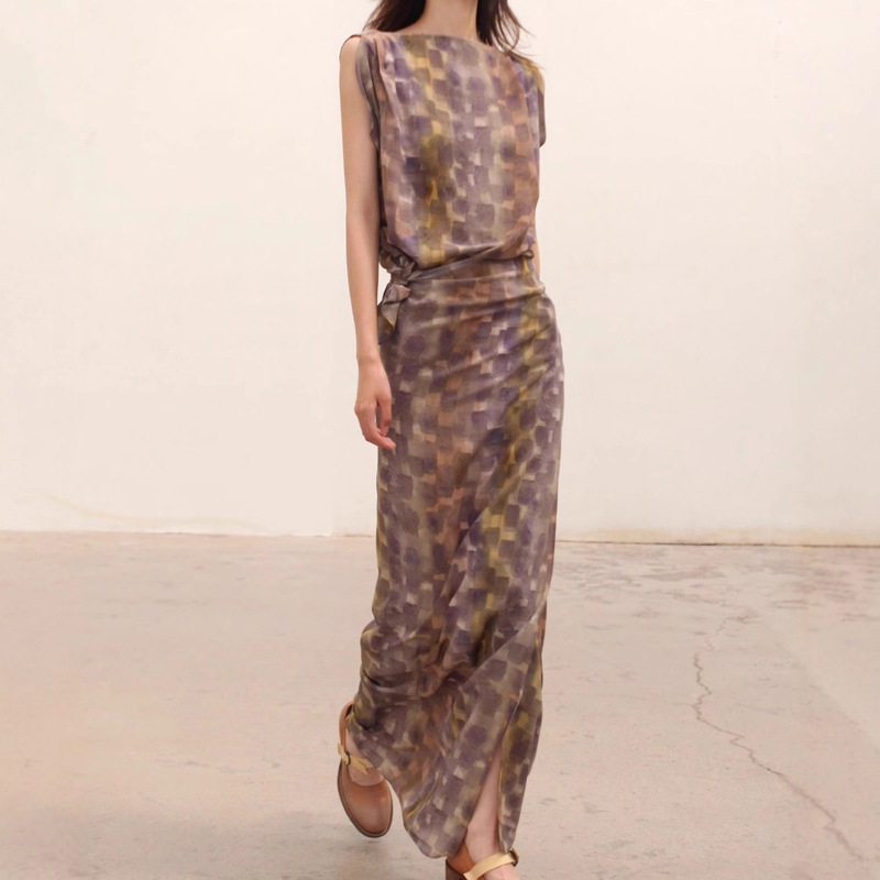 Enthusiastic Exotic Long Dress ~ Backless One-Line Collar Wrap Splicing Lace-Up Waist-Cinching Curve Long Dress