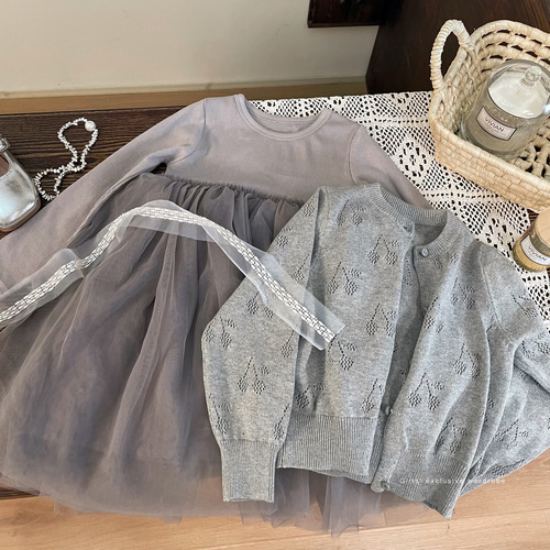 Korean children's clothing 2024 new spring girls' long-sleeved dress children's stylish princess fluffy skirt net dress