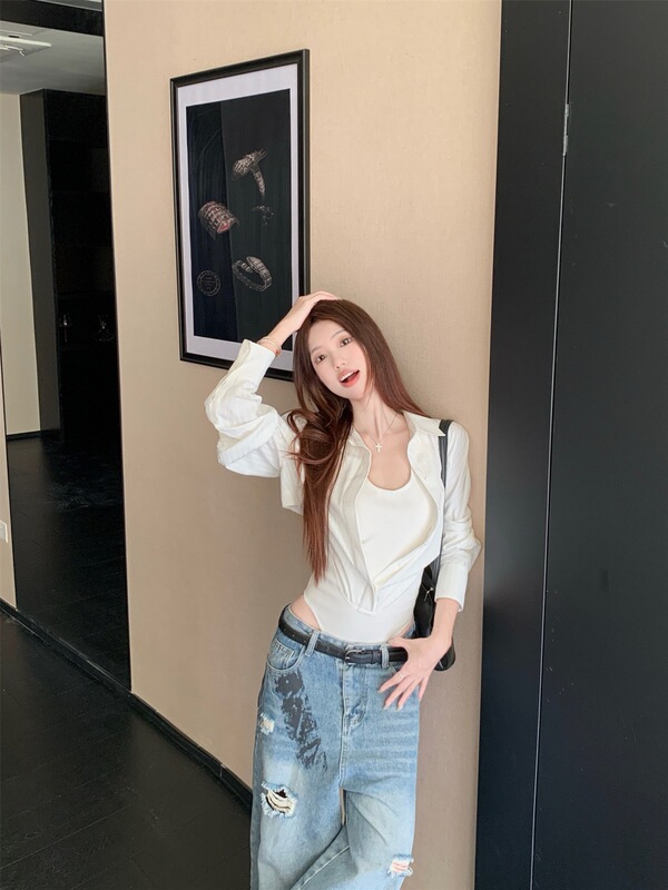 拼接假两件polo领长袖衬衫女早秋修身收腰衬衣白色上衣纯欲连体衣|undefined