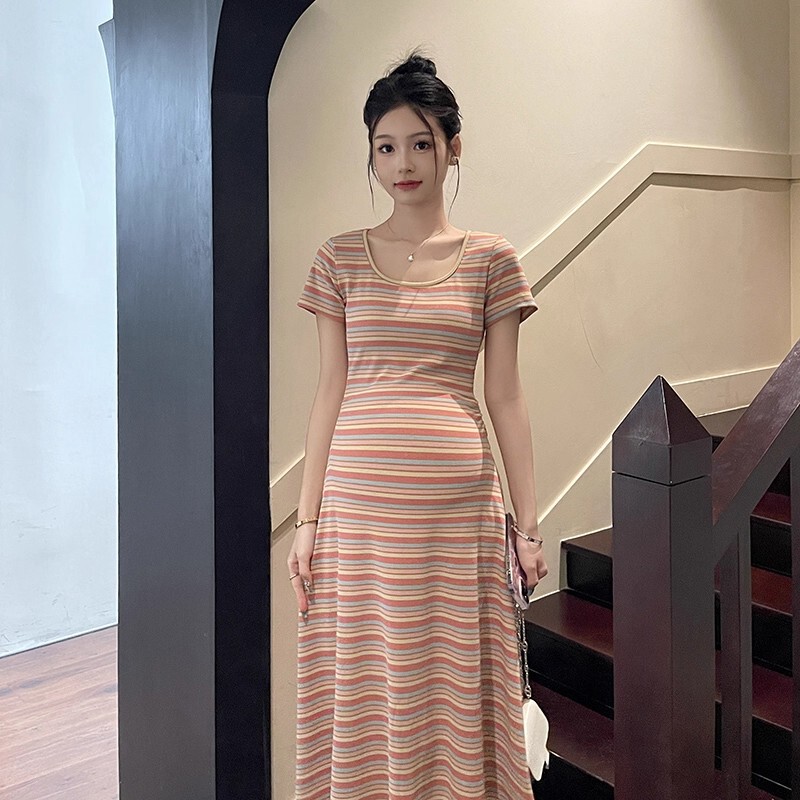 Maternity Wear Summer 2024 New Short-Sleeved Rainbow Skirt Slimming Look Elegant Dress Super Elastic Maternity Skirt