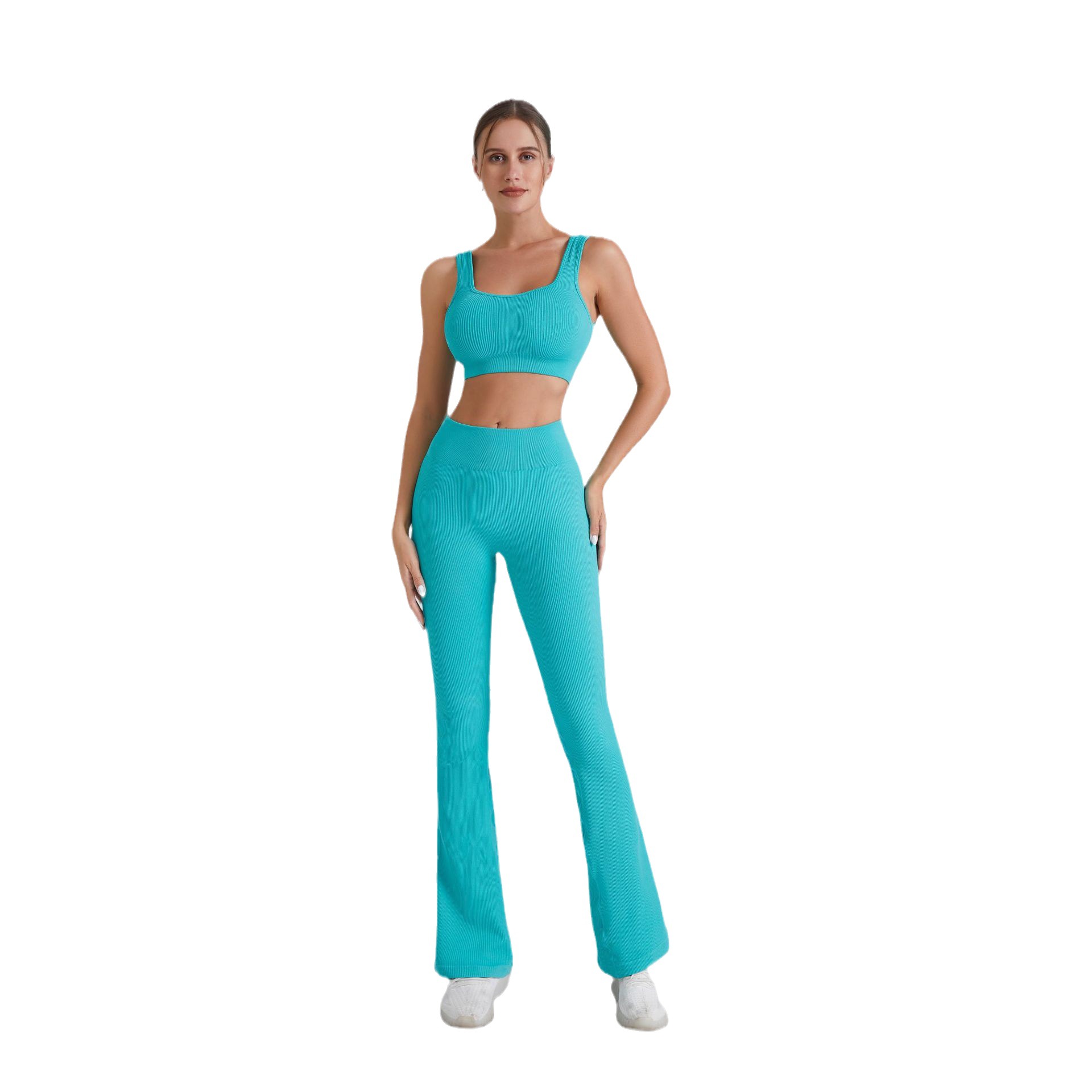 Ropa de yoga sin costuras europea y americana para deportes de mujer, chaleco envolvente de burbujas para correr, cintura alta, levantamiento de cadera, pantalones acampanados, pantalones de fitness