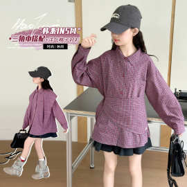 秋季女童格子衬衫童装儿童女孩春秋长袖三角巾洋气上衣薄外套跨境