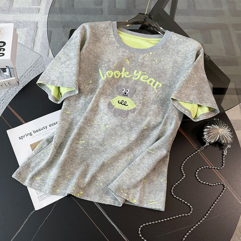 Women's Clothing Casual Fashion Sports Suit For Women Summer New Round Neck Bear Embroidery Tie Dye Top Loose Jeans Two Piece Suit_ecoleips.com