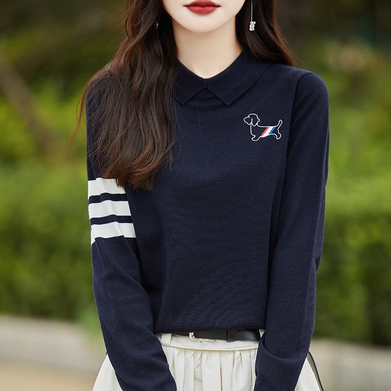 Fall/Winter 24 New Worsted Wool Fashion Lapel Knitted Shirt Long Sleeve Embroidered Puppy Sleeve Striped Top