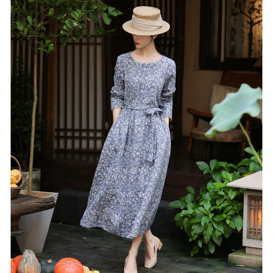 2024 осень-зима новый хлопок жаккард ретро шнуровка длинное платье с длинными рукавами длинное платье платье платье