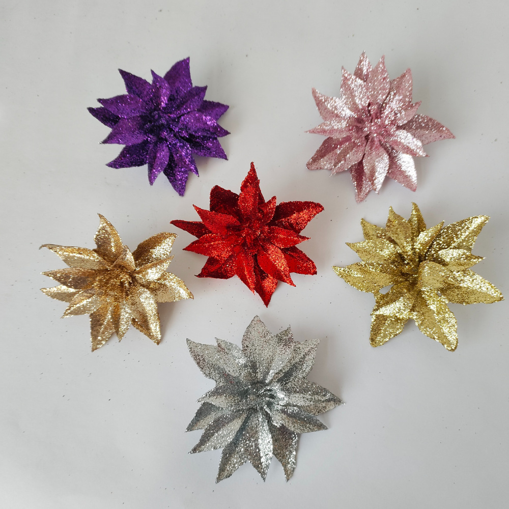 Polvo de oro de 9cm cabeza de flor de Navidad flor de simulación brillo flor de Navidad decoración de árbol de Navidad decoración de vacaciones accesorios de guirnalda