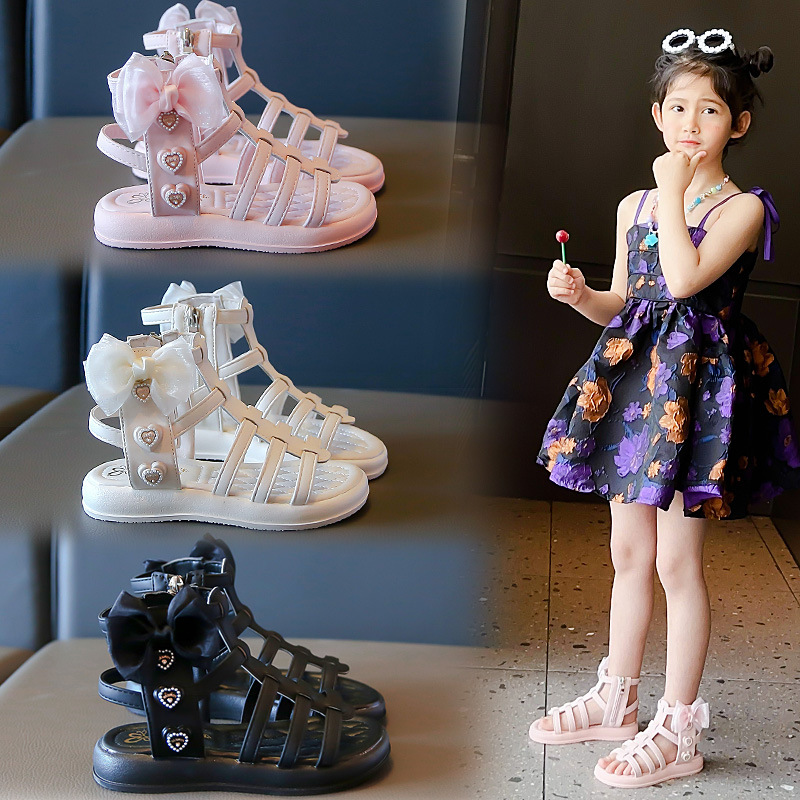Girls' Sandals 2024 Summer New Children's Big Children's Little Girl Princess Shoes High-top Roman Shoes Non-slip Soft Sole