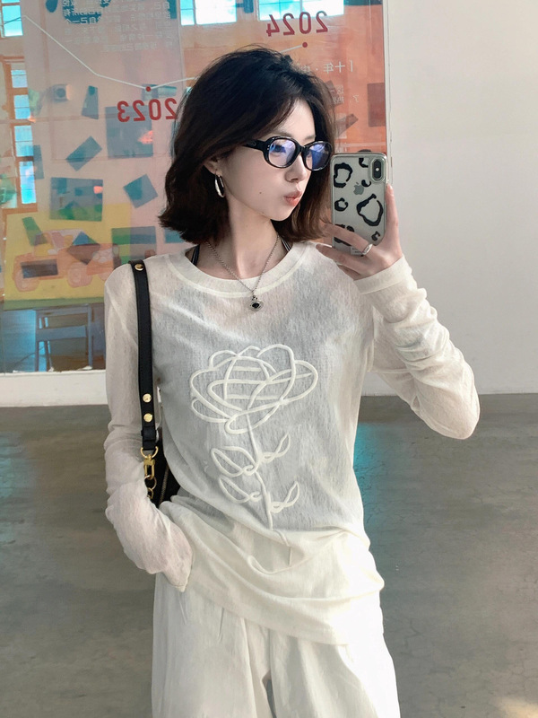 开春韩系穿搭白色防晒罩衫女夏季长袖微透薄款修身针织衫t恤上衣|undefined