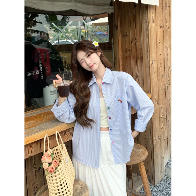 Korean Style Colorful Button Blue Striped Shirt Women's Early Autumn New Dopamine Design Sense Loose Casual Coat Top
