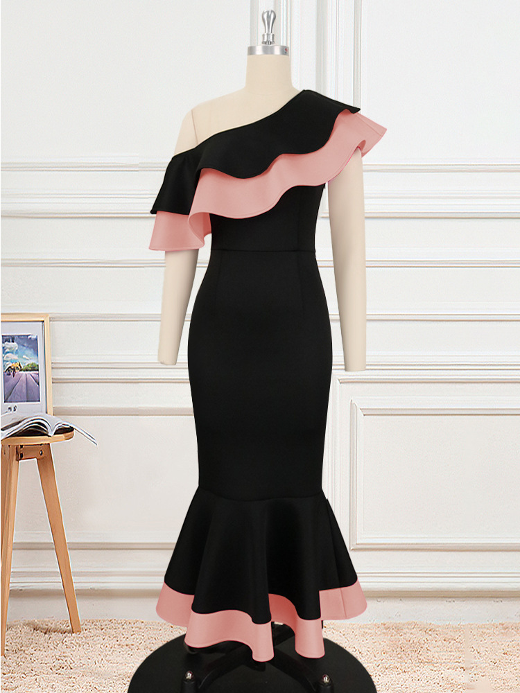 Plus Size Women's Dress One Shoulder Backless Ruffle Fishtail Dress_voghion.com
