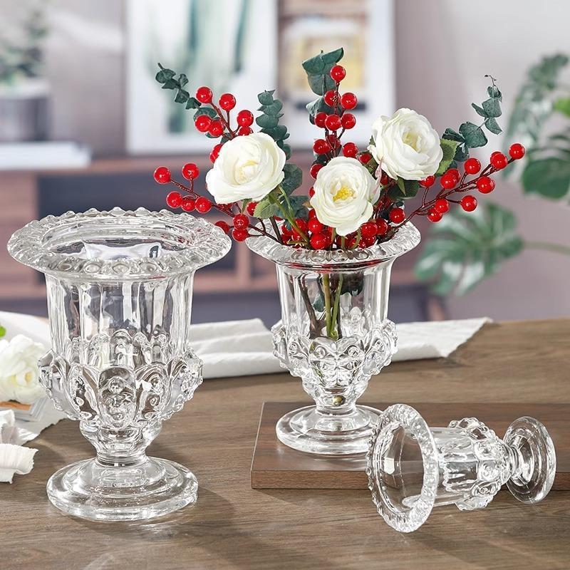 European-Style Creative Light Luxury Roman-Style Lamp with Tall Glass Vase, Transparent Flower Arrangement, Small Bedroom Candlestick, Ins Homestay