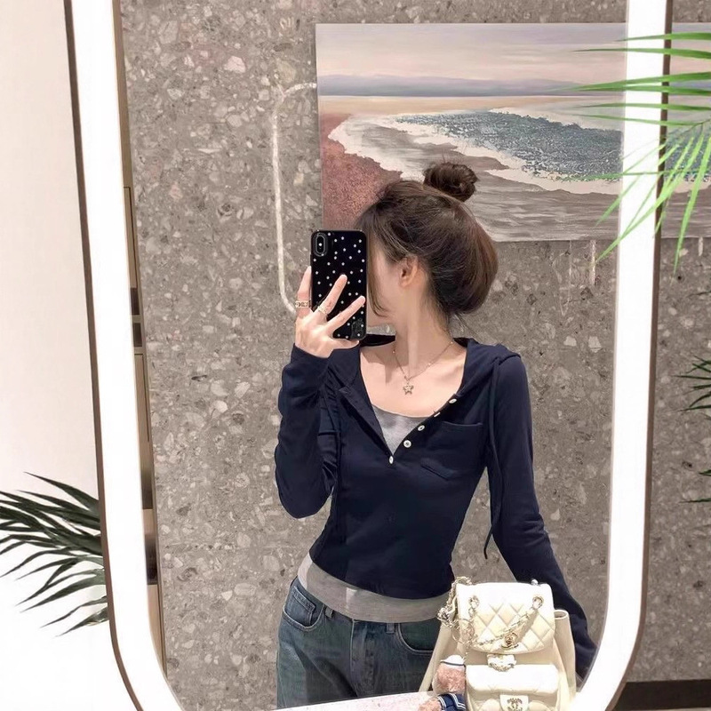 假两件修身连帽长袖t恤女春秋季设计感漂亮小衫独特别致正肩上衣|undefined
