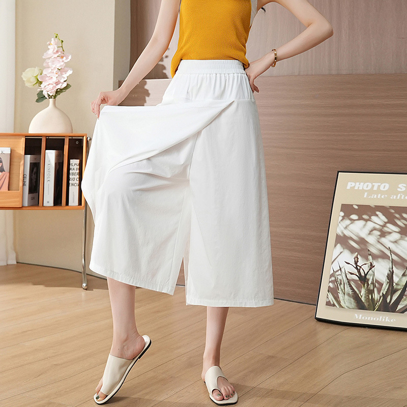 2024 summer new ladies thin ice silk quick-drying anti-light skirt pants high waist elastic fat MM200 kg cropped pants