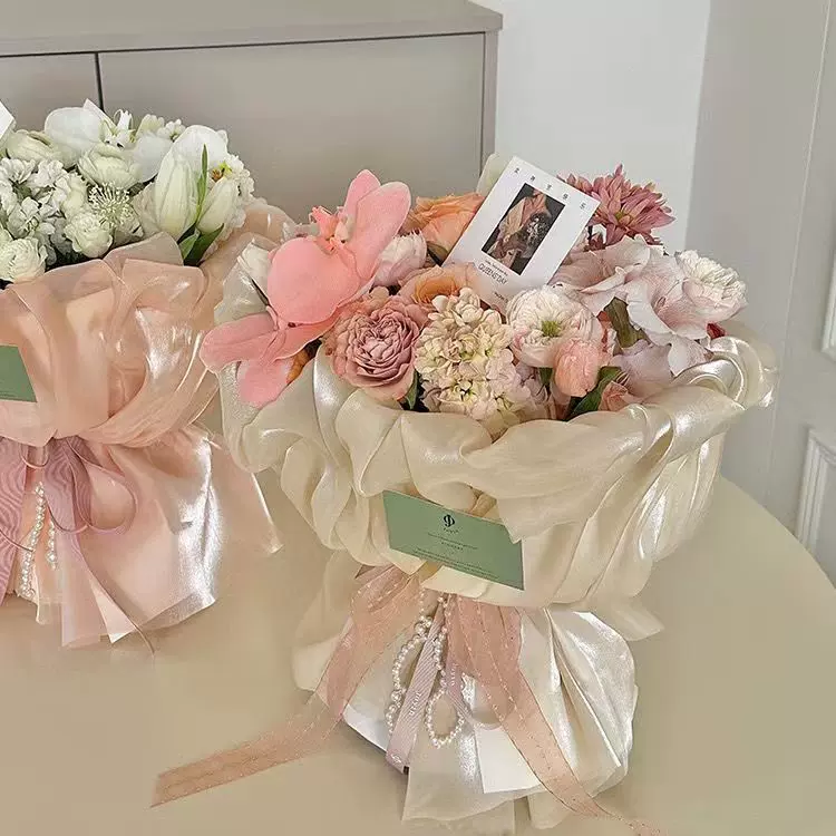 韩式冰丝纱高档花艺鲜花包装纸圆形包花纱花束真丝包花布