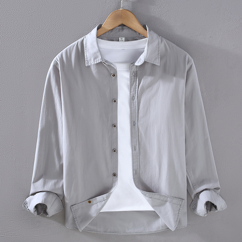 Camicia da uomo bianca versatile primavera ed estate a maniche lunghe sottili giapponesi_voghion.com