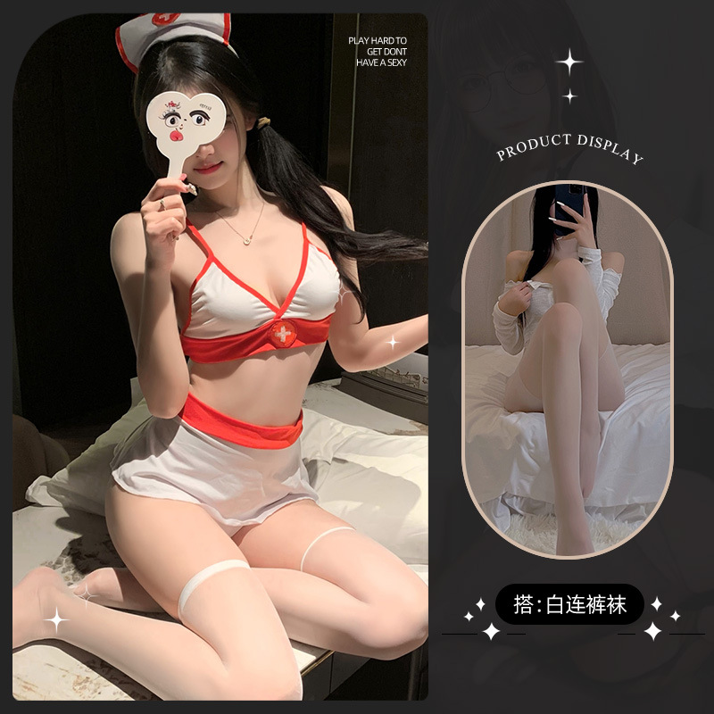간호사 유니폼 (브라 스커트 모자) 화이트 팬티 스타킹