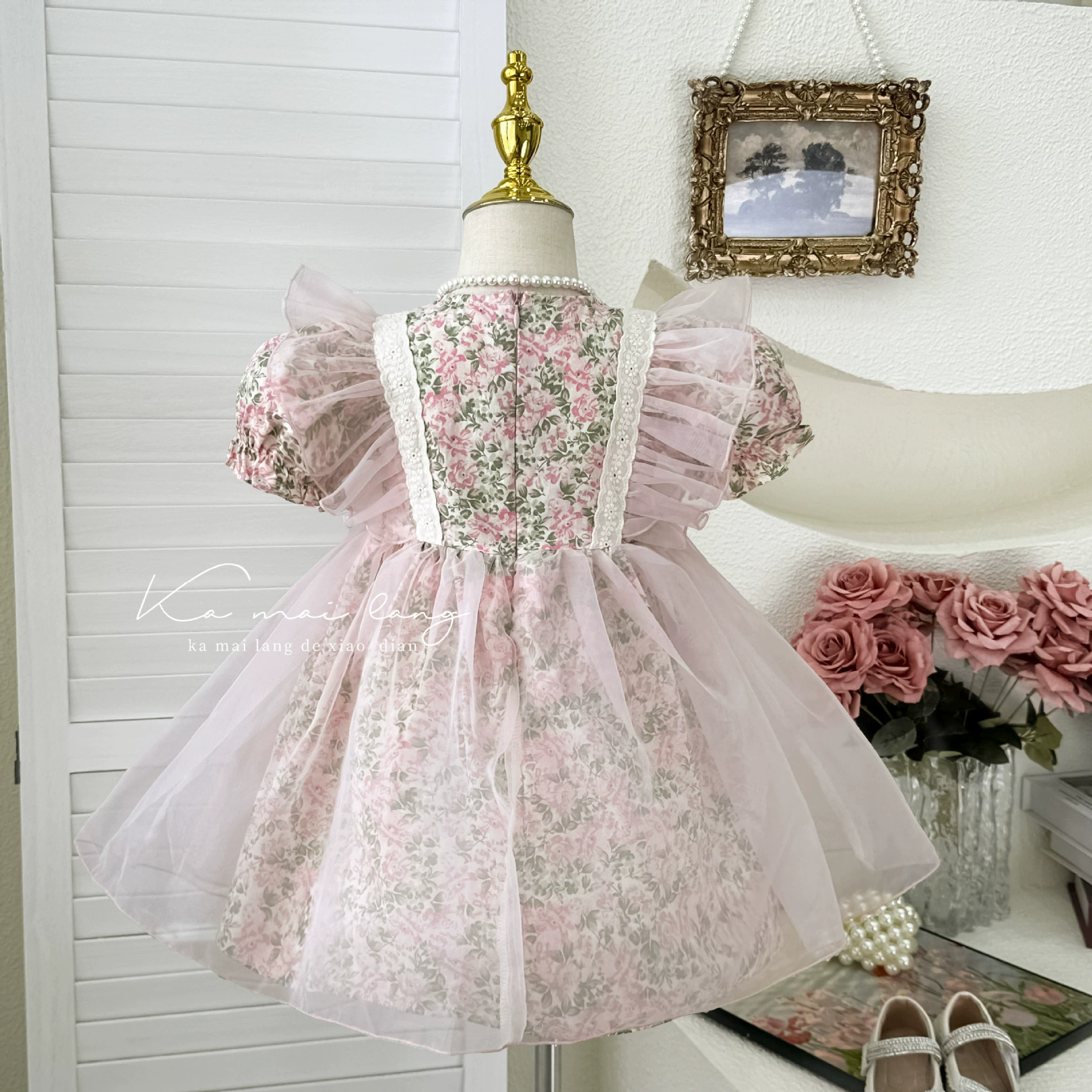 Маленький princess костюм, детское платье, (Физические данные), цветочный принт, корейский стиль, puff рукава, западный стиль