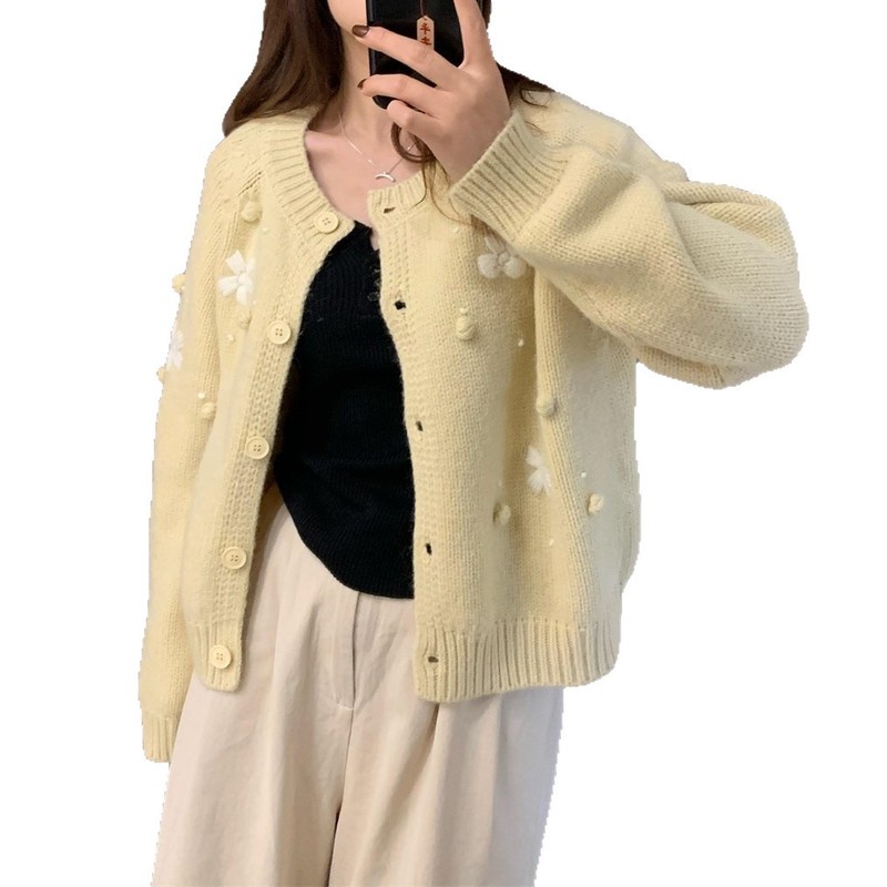 重工立体刺绣花朵圆领毛衣外套女秋冬宽松设计感软糯厚实针织开衫|undefined