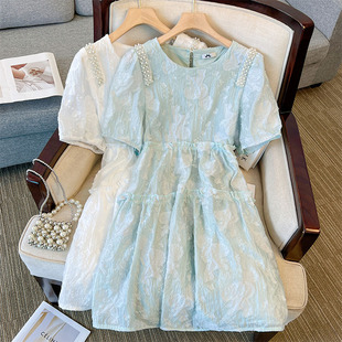 Deformation strategy 60.00 kg-175.00 kg plus size women's clothing wholesale 2024 summer new bubble sleeve high waist doll dress