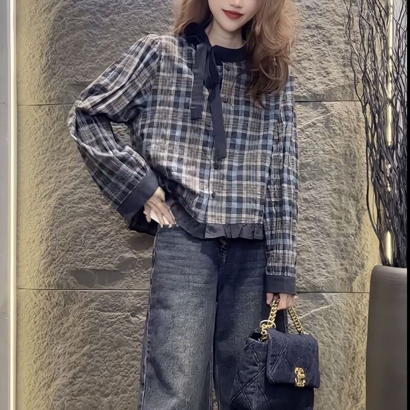 Round Neck Shirt Women's Top Plaid Nice Short Style Giant Long Sleeves Retro Korean Style Bow Autumn