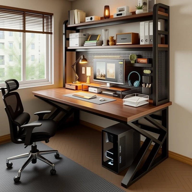 Solid Wood Desk with Bookshelf, Integrated Table with Perforated Board, Simple Bedroom Gaming Desk, Student Home Desktop Computer Desk Solid Wood Desk with Bookshelf, Integrated Table with Perforated Board, Simple Bedroom Gaming Desk, Student Home Desktop Computer Desk