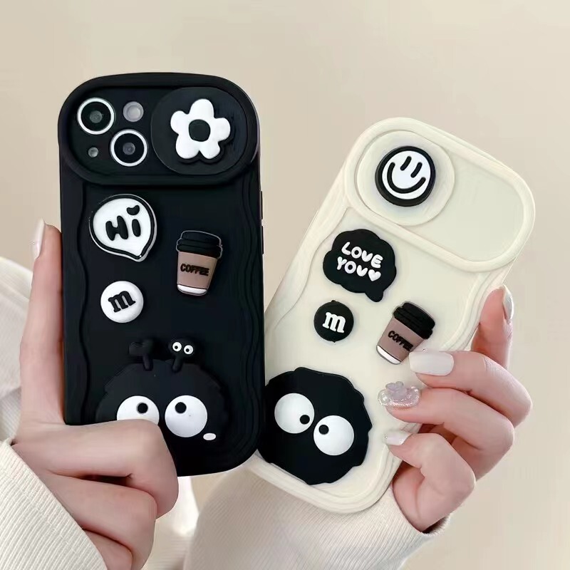 Suitable for Apple 15 sliding window phone case iPhone14Pro max smiley face bristle wave TPU soft case cartoon