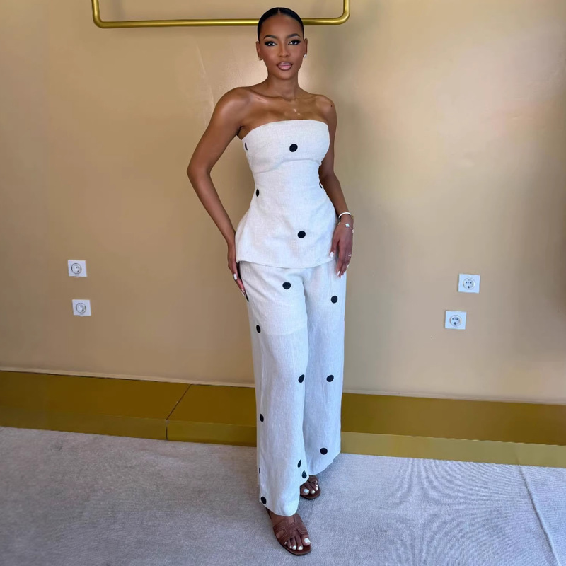 European and American Cross-Border Women's Clothing 2026 Summer New Fashion Polka Dot Tube Top Vest High-Waisted Long Pants Casual Set European and American Cross-Border Women's Clothing 2026 Summer New Fashion Polka Dot Tube Top Vest High-Waisted Long Pants Casual Set