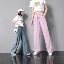 一件代发高级感冰丝阔腿裤2025夏季显瘦直筒宽松侧边条纹休闲长裤