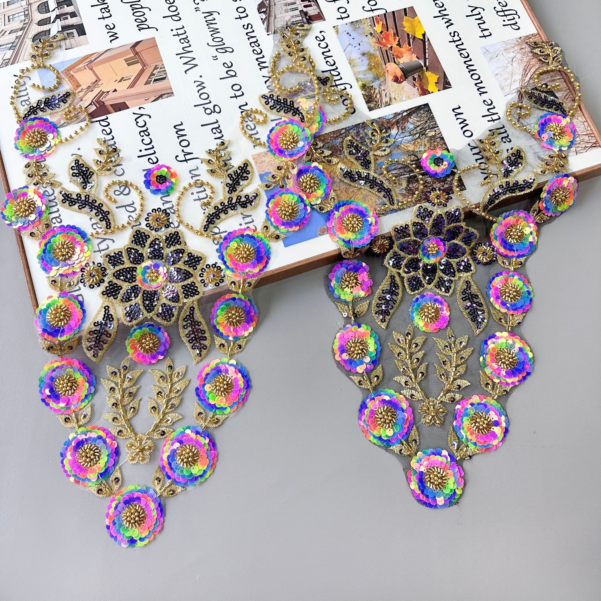 industria pesada multicolor sequinilla floral tridimensional bordado encaje dorado + encaje colorido decoración de vestido