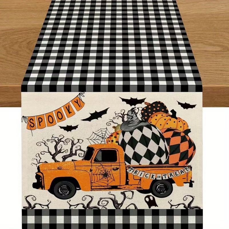 Transfronterizo 2024 Amazon nuevo Halloween calabaza fantasma gato negro lino tabla bandera de mesa mesa de comedor bandera de té