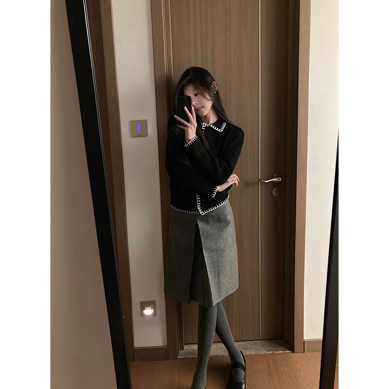 实拍秋季新款明线娃娃领针织开衫女两面穿灰色百褶裙中裙时尚套装|undefined