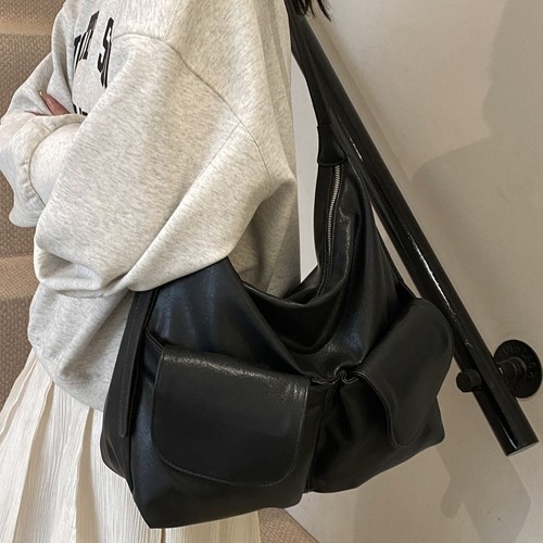 New Korean style homemade double pocket lazy soft leather one-shoulder crossbody bag casual and versatile tote bag