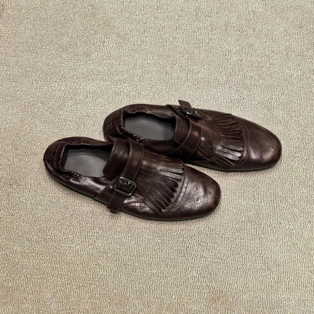 In Stock~Sheepskin Version~New Summer Style Square-Toe Carved Tassel Buckle Flats for Women, Genuine Leather British Style Trendy Leather Shoes