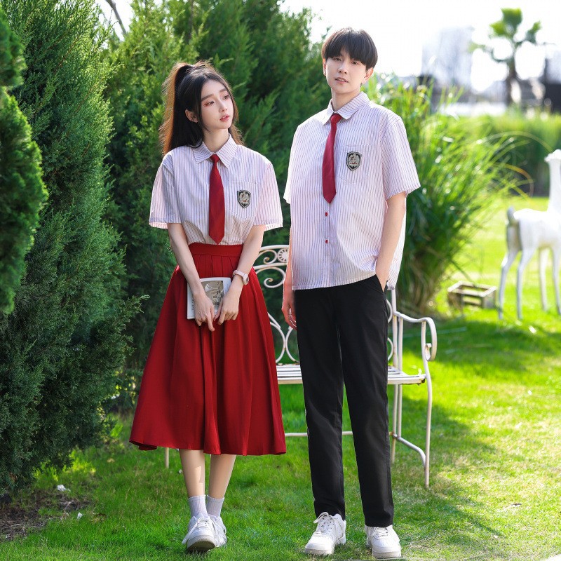 High School Graduation Photos, Jk Uniform Striped Shirts, Class Uniforms, Junior High School Students' Summer Red Song Stage Chorus Performance Costumes