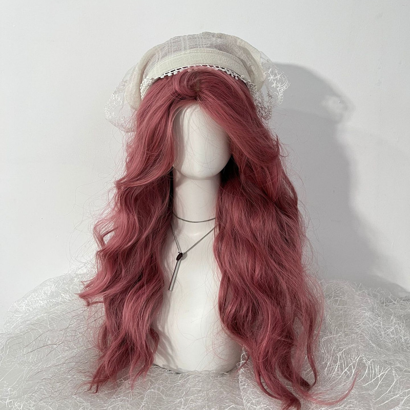 Wig for Women with Middle Parting, Long Curly Hair, Water Wave Pattern, Misty Pink, Realistic and Natural Full Head Wig