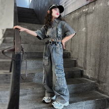 外贸女童重工牛仔短袖套装夏季薄款中大儿童韩范潮酷工装裤两件套